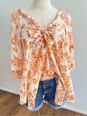 Cream Orange Paisley 100% Silk Tie Front Boho Tunic Blouse Resort Top L/XL